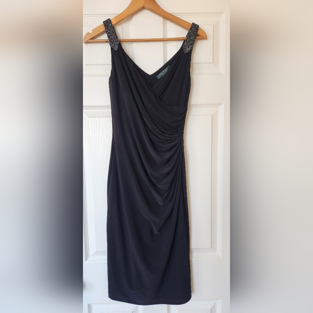 Lauren Ralph Lauren Black Draped Midi Dress with Embellished Straps